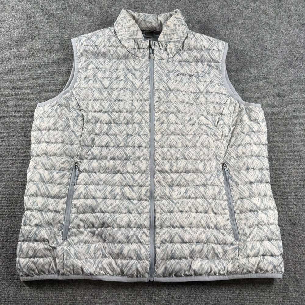 Eddie Bauer Puffer Vest Womens XL Grey White EB650 Down Quilted Geometric Print